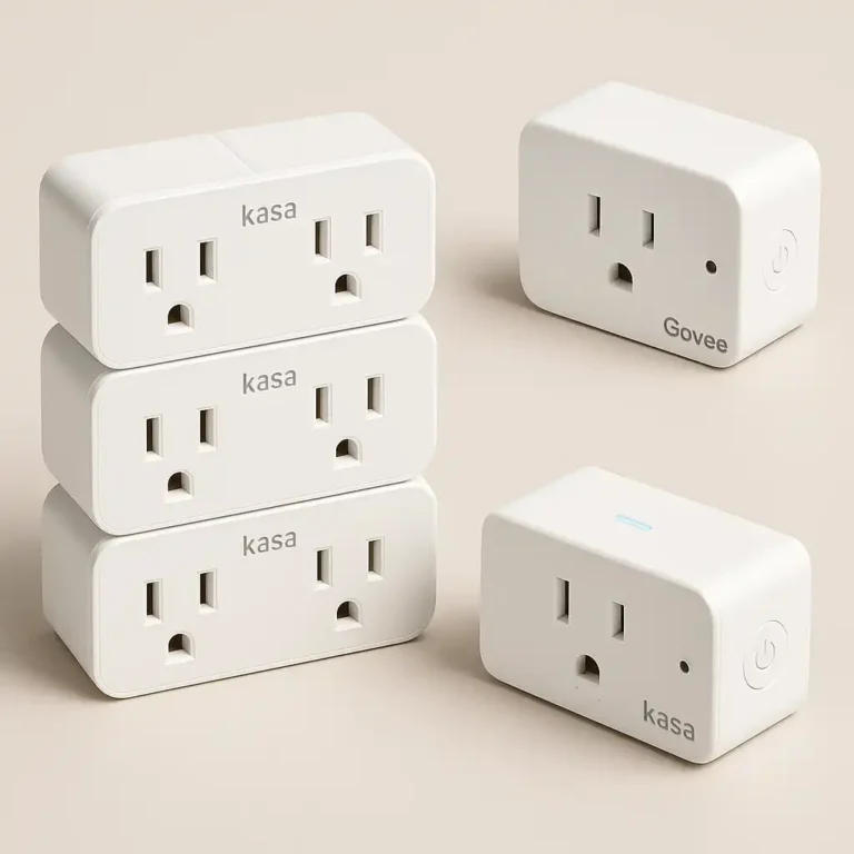 Three energy-monitoring smart plugs on a neutral background, showing renter-friendly options for saving electricity in apartments.
