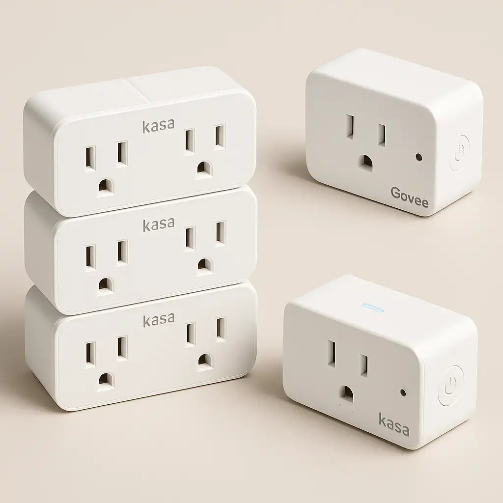 Three energy-monitoring smart plugs on a neutral background, showing renter-friendly options for saving electricity in apartments.