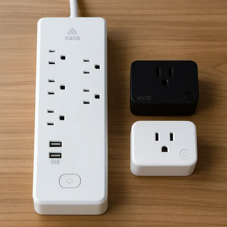 Smart power strip and smart plugs placed on a desk surface, showing a renter-friendly way to control multiple devices in an apartment.