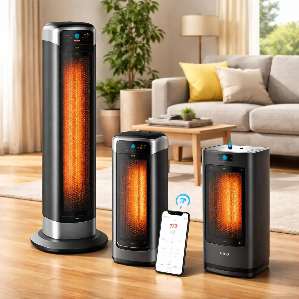 Smart space heaters placed in a cozy apartment living room, showing portable tower and compact heater designs suitable for renters.