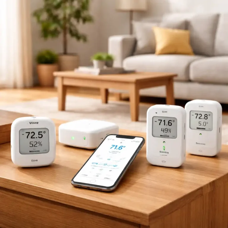 Smart temperature and humidity sensors displayed on a coffee table in a modern apartment living room, showing wireless devices suitable for renter-friendly climate monitoring.