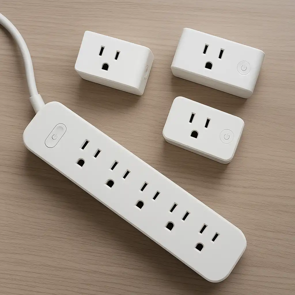 Smart plugs and a smart power strip arranged on a table, showing renter-friendly devices that work in apartments.