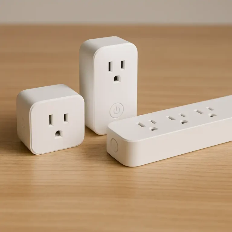 Smart plugs and a smart power strip placed on a wooden surface, illustrating renter-friendly electrical devices for apartment use.