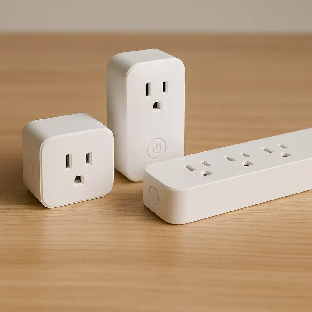 Smart plugs and a smart power strip placed on a wooden surface, illustrating renter-friendly electrical devices for apartment use.