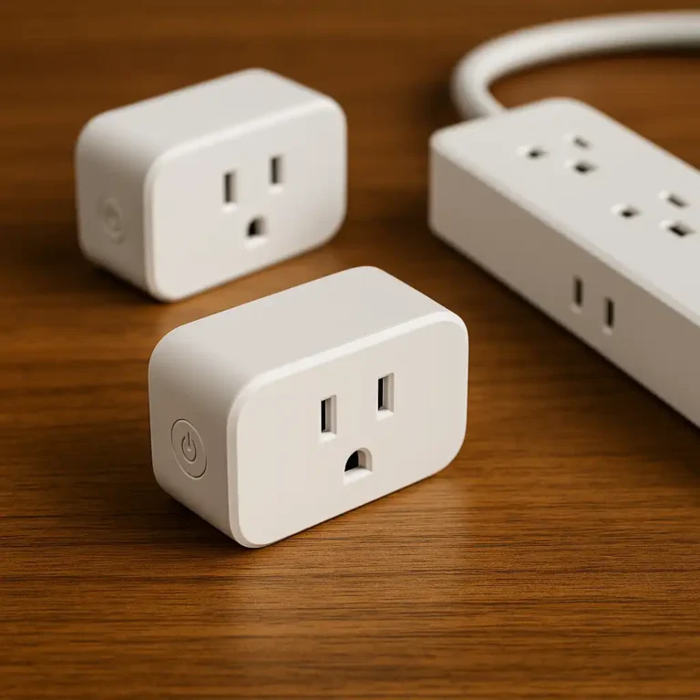 Smart plugs and a smart power strip placed on a wooden surface, showing simple renter-friendly devices used in apartments.