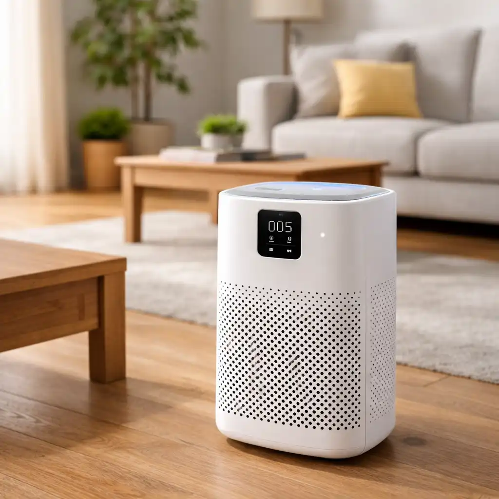 Smart air purifier placed on a living room floor in a modern apartment, showing a renter-friendly device designed for improving indoor air quality.