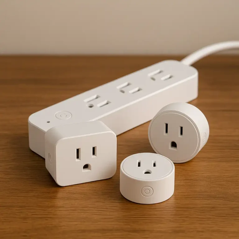 Smart plugs and a smart power strip arranged on a wooden surface, showing renter-friendly devices used to manage electricity in apartments.