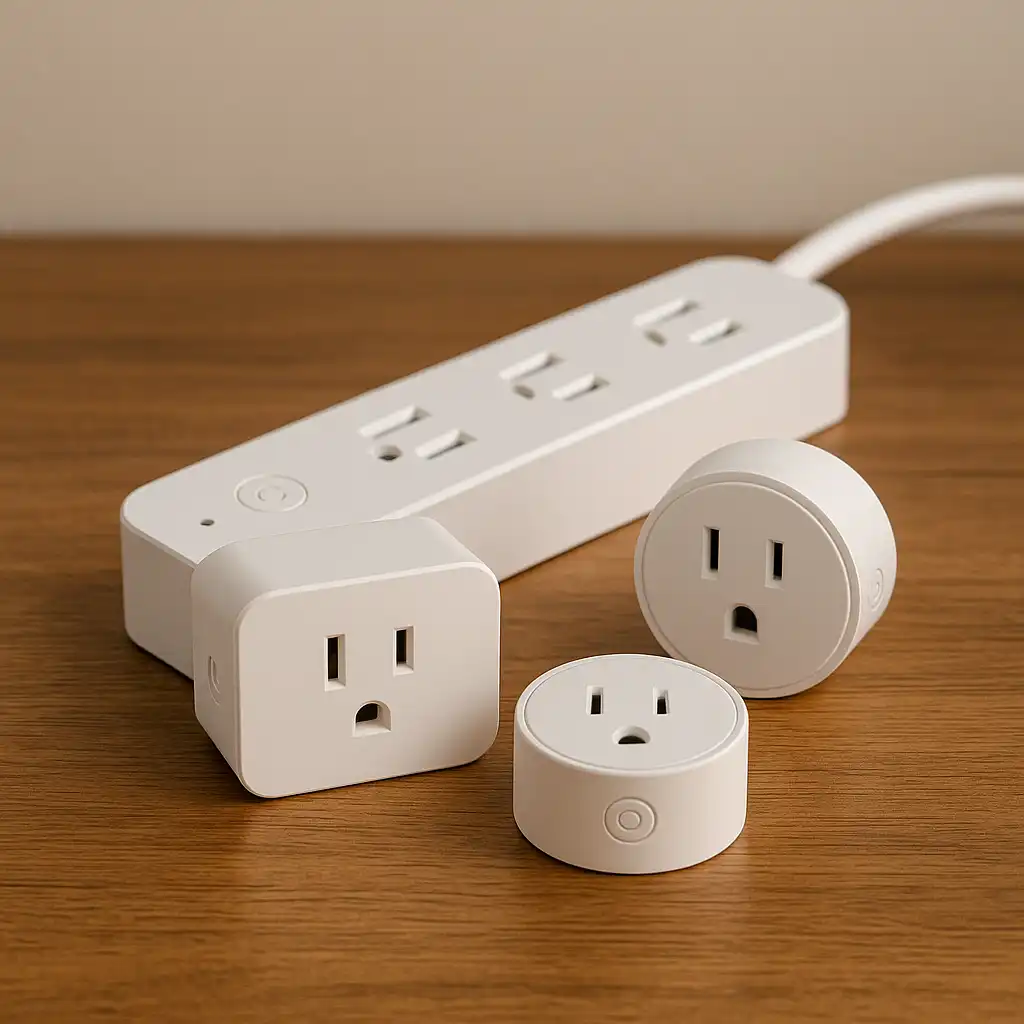 Smart plugs and a smart power strip arranged on a wooden surface, showing renter-friendly devices used to manage electricity in apartments.