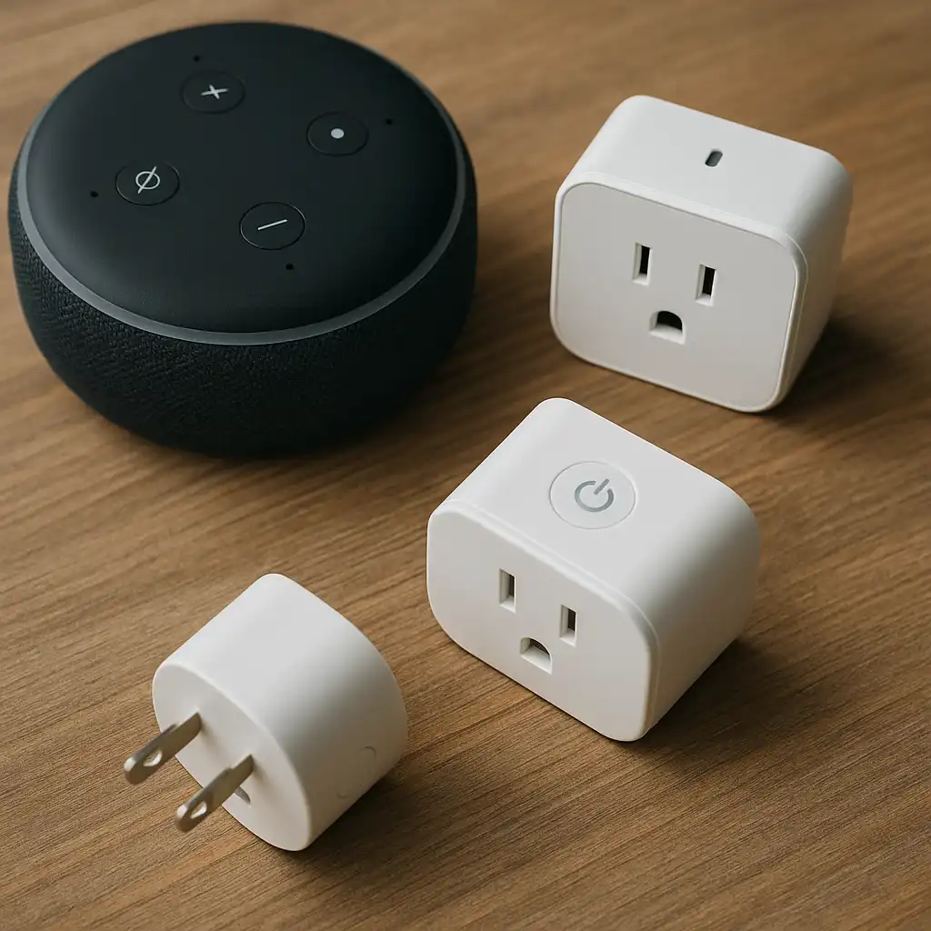 Smart plugs placed next to a voice assistant speaker on a wooden surface, showing Alexa and Google Assistant compatibility in an apartment setup.