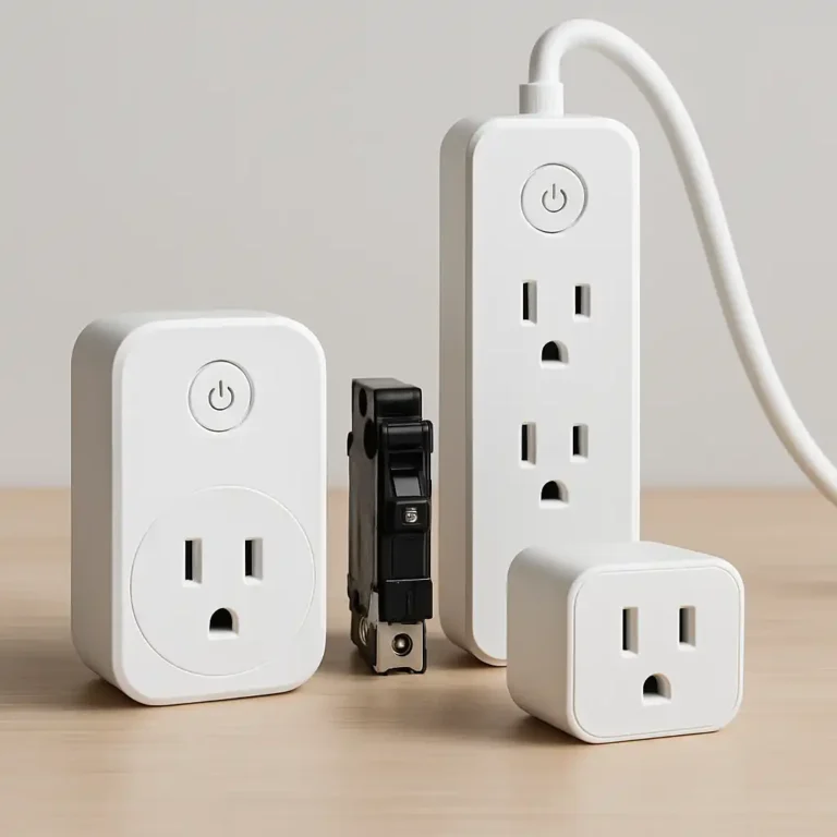 Smart plugs and a smart power strip placed next to a circuit breaker, illustrating safe electrical use in a rental apartment.
