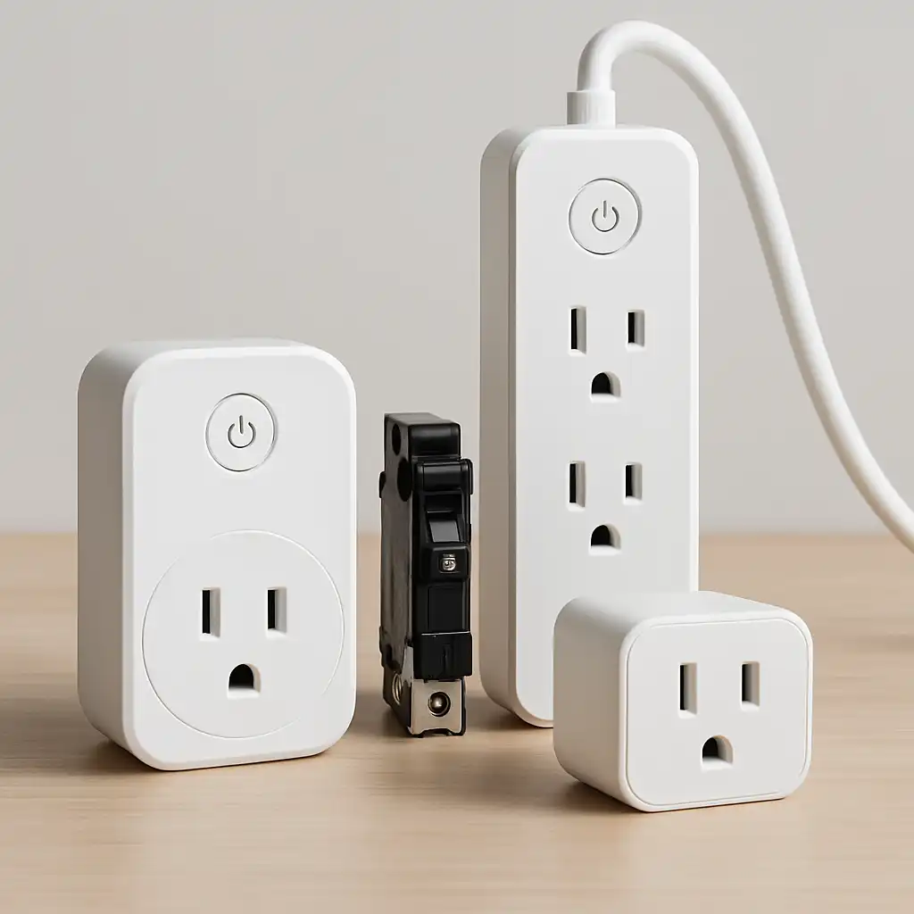 Smart plugs and a smart power strip placed next to a circuit breaker, illustrating safe electrical use in a rental apartment.