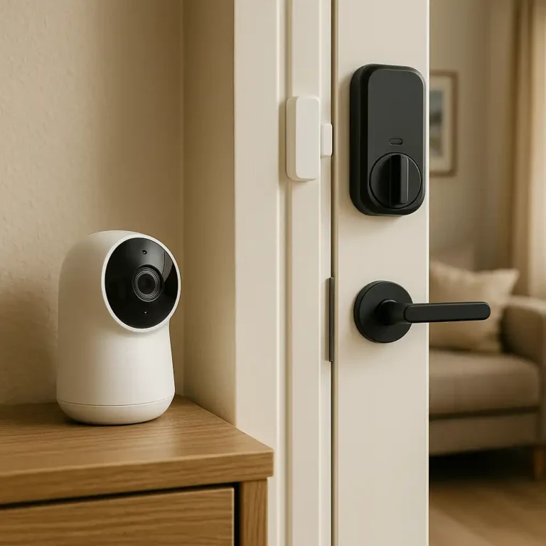 A renter-friendly setup showing a smart indoor security camera on a wooden shelf, a door sensor on the door frame, and a smart lock installed without drilling in a modern apartment.