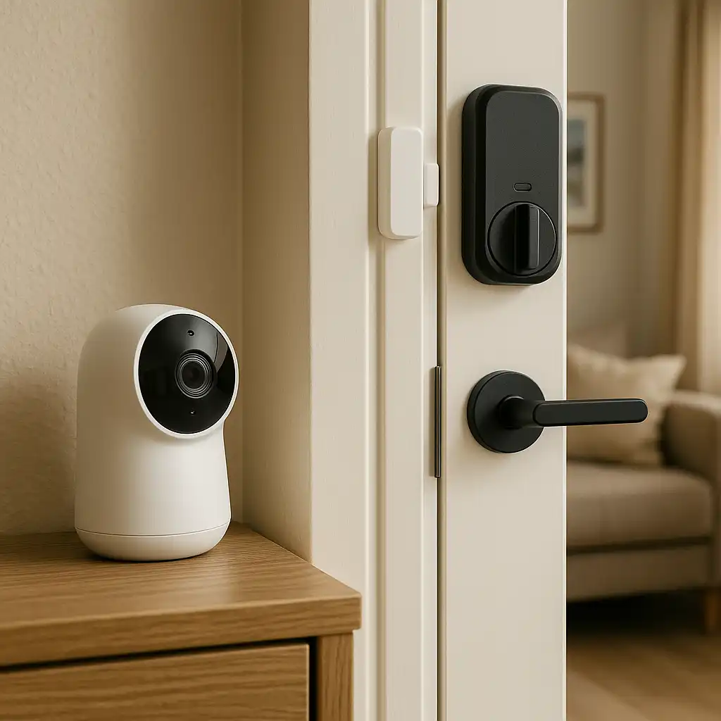 A renter-friendly setup showing a smart indoor security camera on a wooden shelf, a door sensor on the door frame, and a smart lock installed without drilling in a modern apartment.