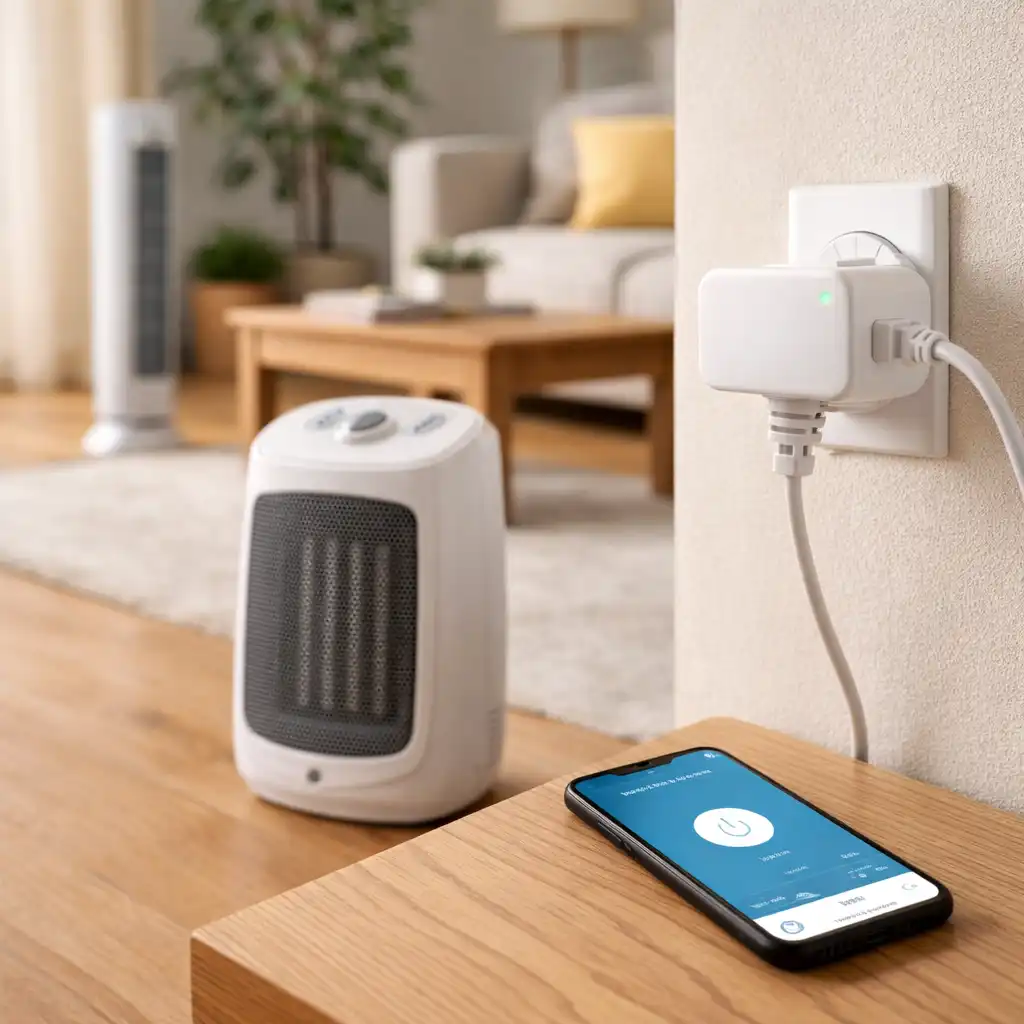 Smart plug controlling a portable space heater in a modern apartment living room, showing renter-friendly automation for heating and cooling.