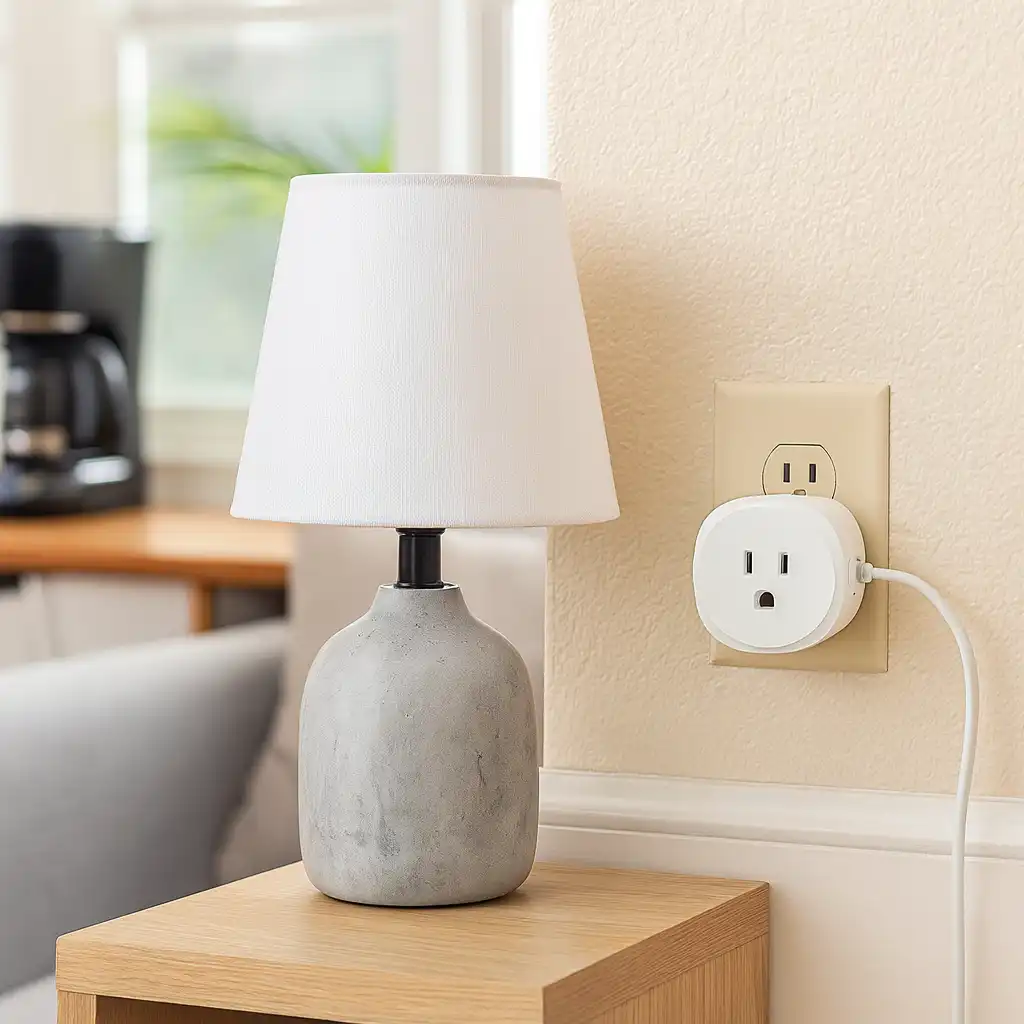 Smart plug automating a table lamp in a renter-friendly apartment setup.