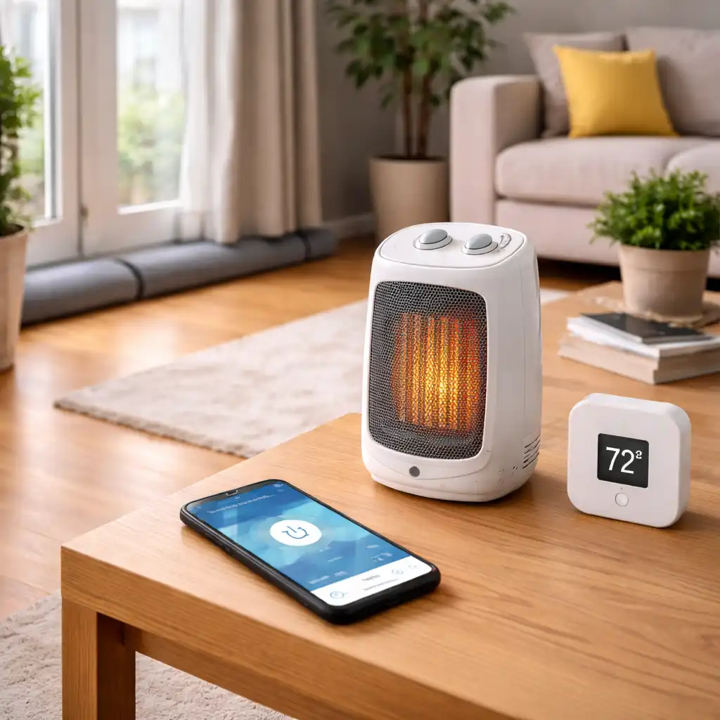 Portable space heater on a coffee table with a smartphone and temperature sensor in a modern apartment living room, showing renter-friendly heating control without thermostat replacement.