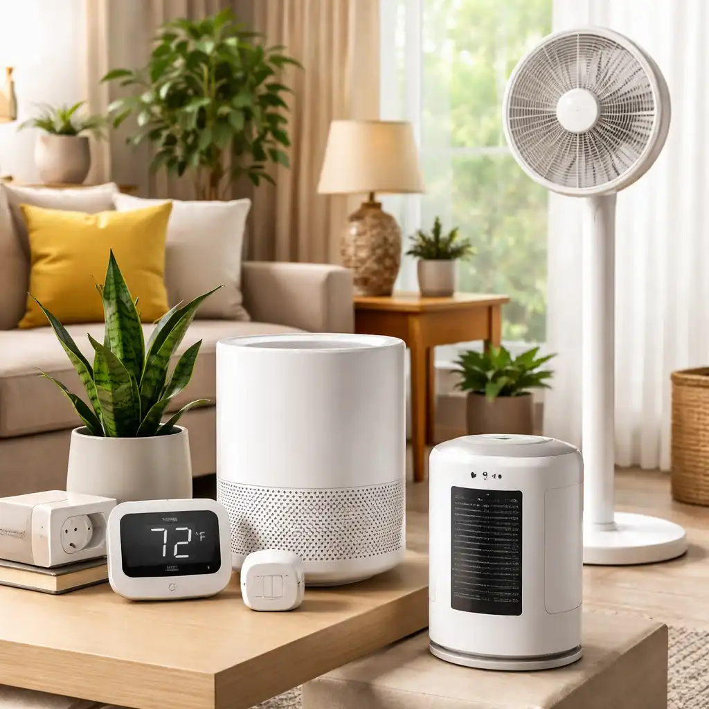 Smart climate control devices in a renter-friendly living room, including a smart air purifier, portable heater, fan, and temperature sensor.