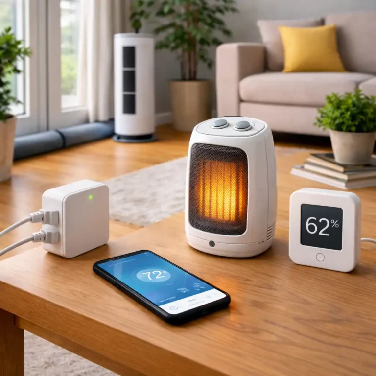 Smart climate devices arranged in a modern apartment living room, showing a portable space heater, smart plug, temperature sensor, and air purifier in a renter-friendly setup.