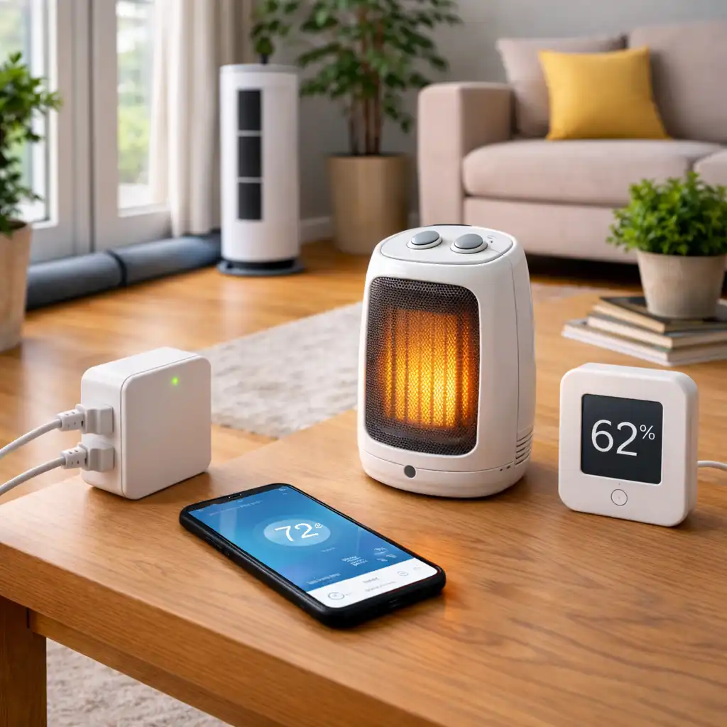 Smart climate devices arranged in a modern apartment living room, showing a portable space heater, smart plug, temperature sensor, and air purifier in a renter-friendly setup.
