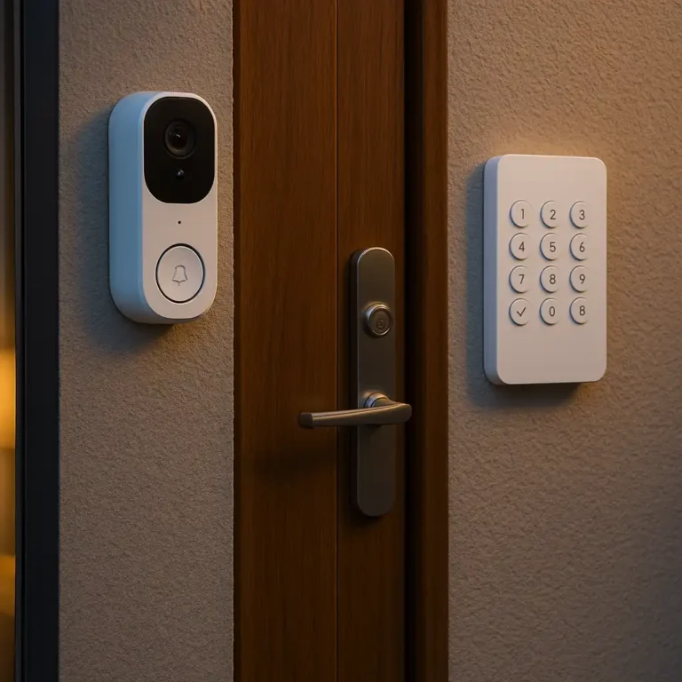 Renter-friendly smart home security setup in an apartment, featuring a wireless camera and no-drill devices mounted in a small outdoor space.