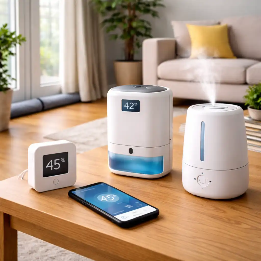Smart humidity sensor, humidifier, and dehumidifier displayed on a coffee table in a modern apartment living room, showing renter-friendly humidity control.