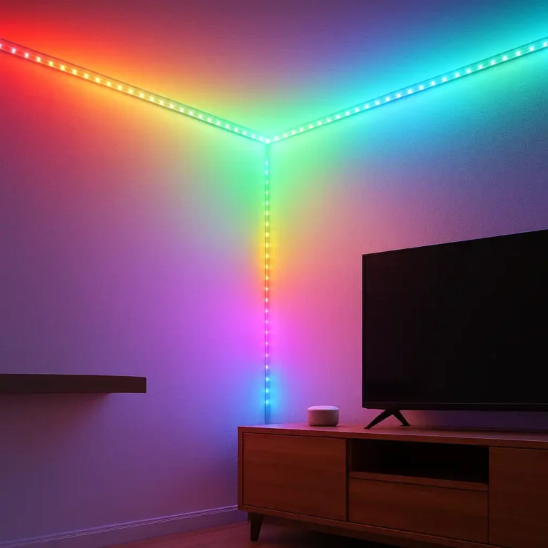 Smart LED strip lighting installed along apartment walls and ceiling, creating colorful ambient lighting in a renter-friendly, no-drill setup.