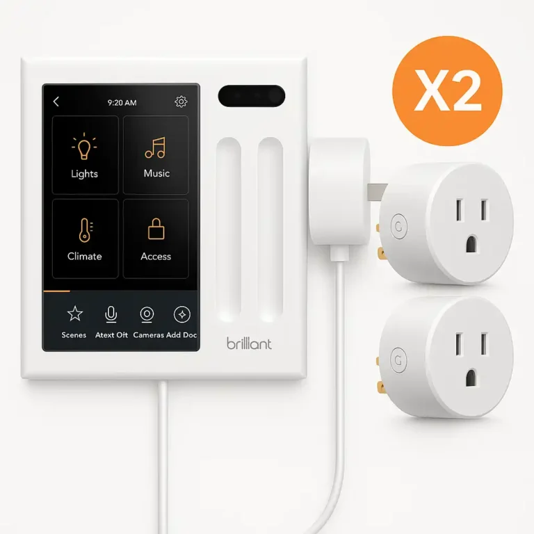 Smart plugs used to control lamps, fans, and small appliances in a renter-friendly apartment.