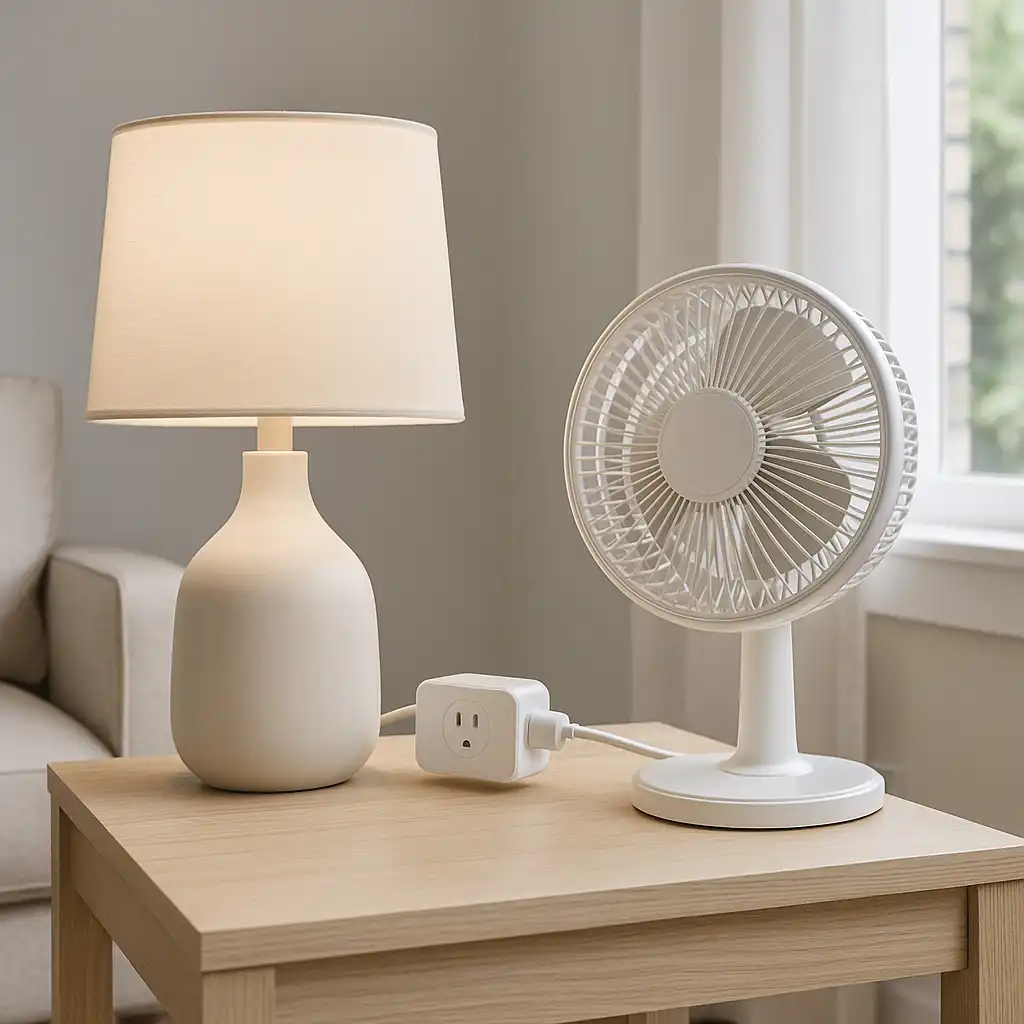 Smart plugs used to automate lamps and small appliances in a renter-friendly apartment.