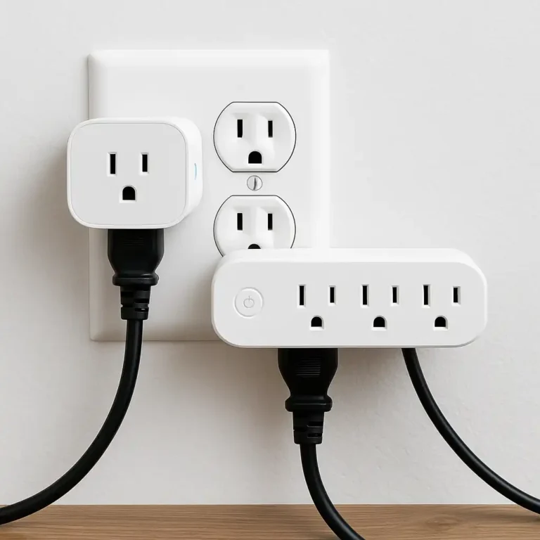 Smart plug and smart power strip plugged into a wall outlet in a renter-friendly apartment.