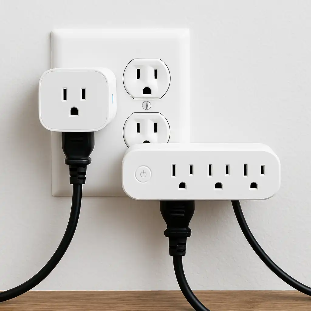 Smart plug and smart power strip plugged into a wall outlet in a renter-friendly apartment.