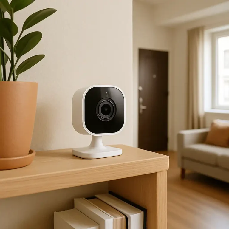 A renter-friendly indoor security camera placed on a shelf inside an apartment, monitoring the entryway without any drilling.